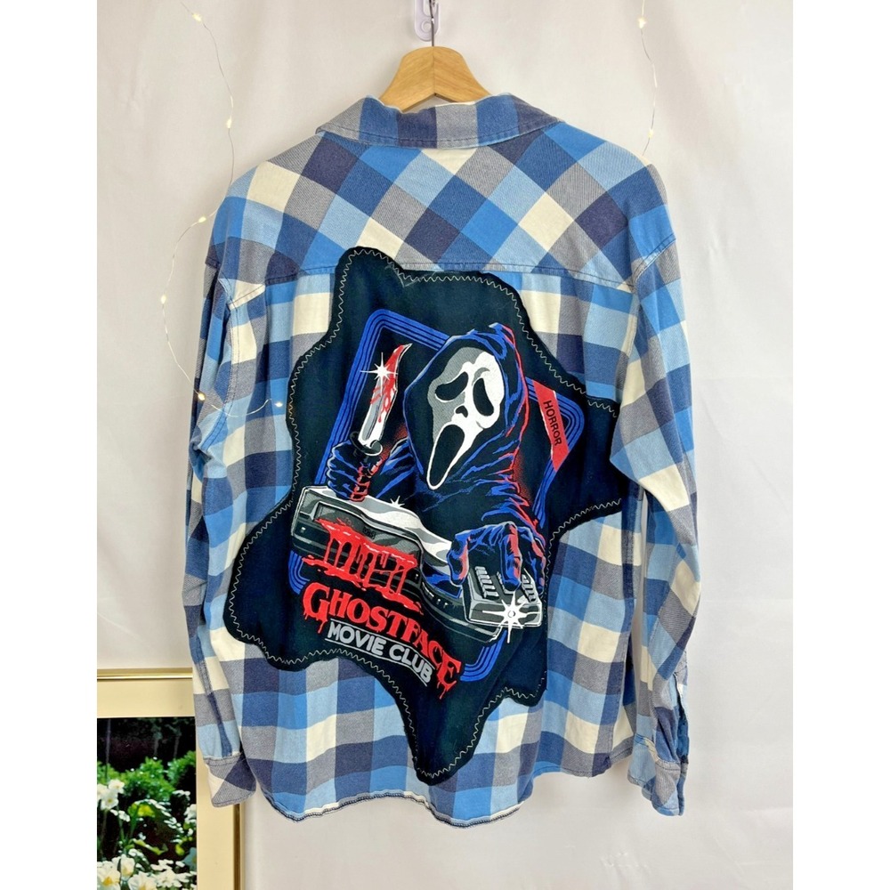 Ghostface Horror Movie Club UPCYCLED Blue Flannel XL Moon Tarot Patch Spooky VHS